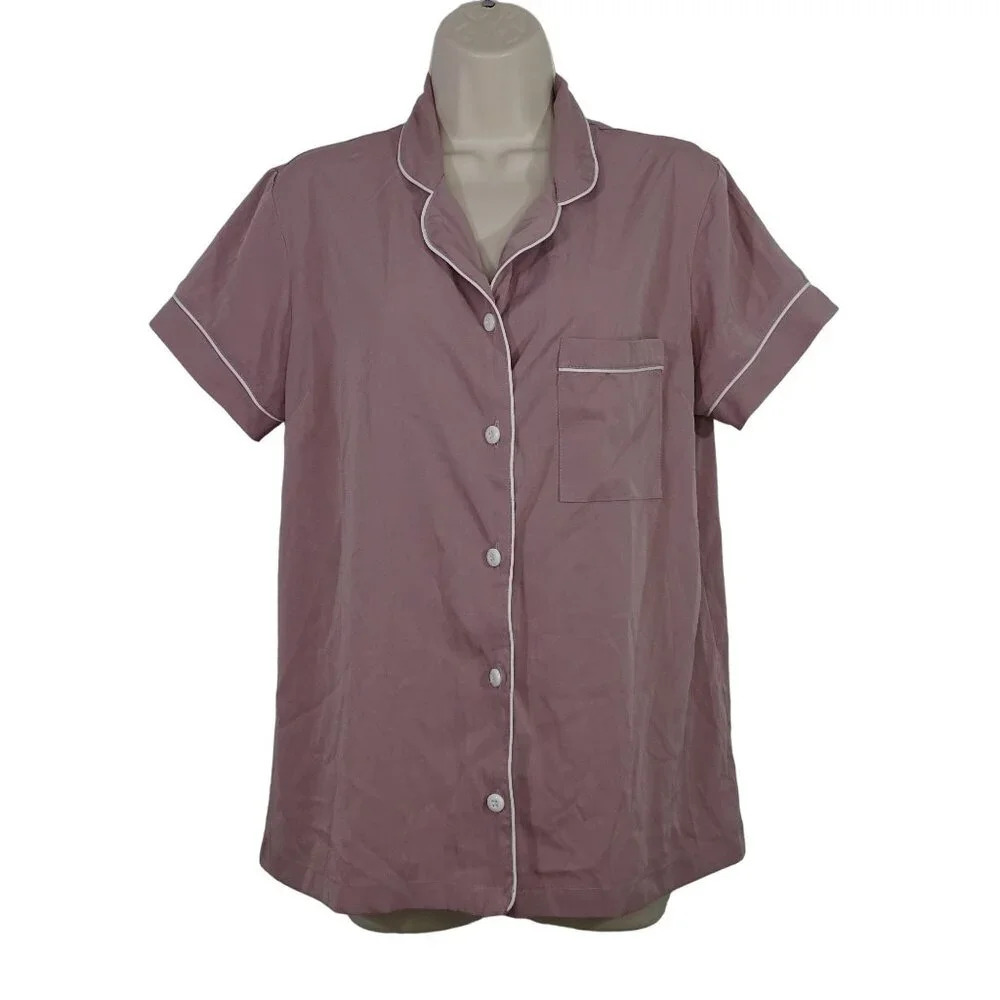 SS Weddings Mauve Button Up Pajama Top Women Size S White Piping Short Sleeve